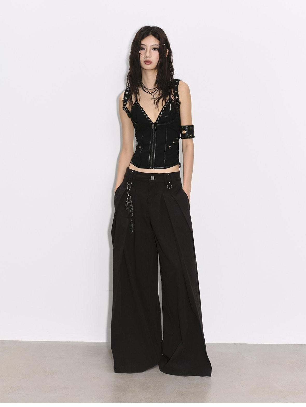Low pixel Pleated Low Waist Relaxed Cotton Blend Black Women Wide Leg Pants