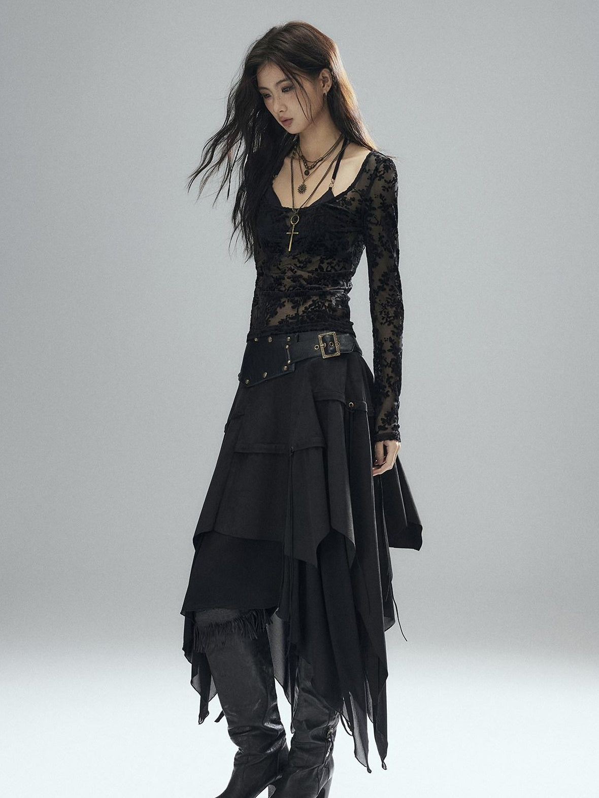 Low pixel Sexy Low Waist Asymmetrical A Line Zipper Black Woven Polyester Midi Skirts
