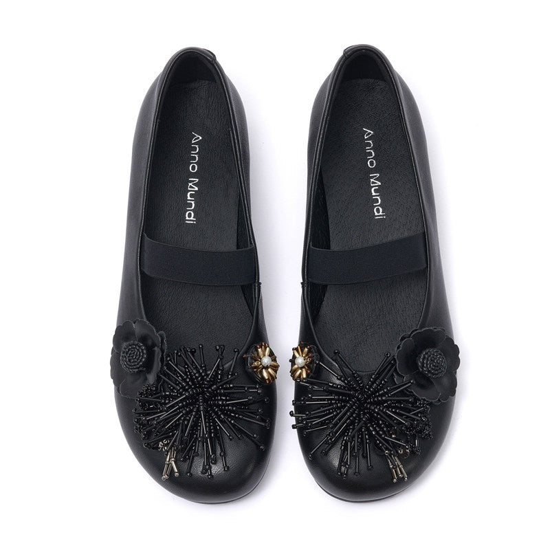 AnnoMundi Round Toe Black Floral Embellished One Strap Women&