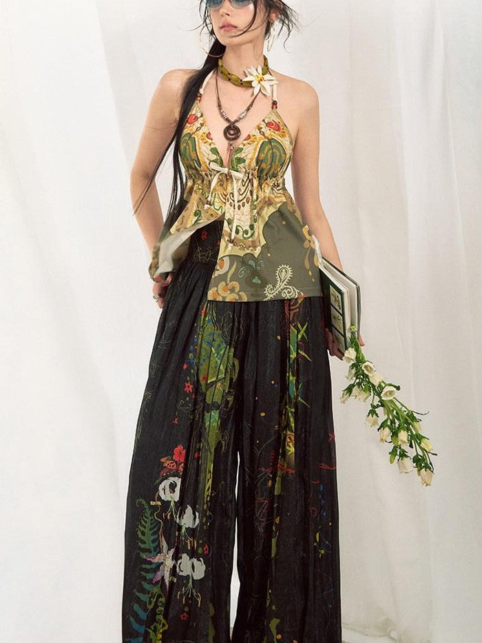 OfAkiva Bohemian Halter Tie Back Deep V Printed Slim Cropped Women&