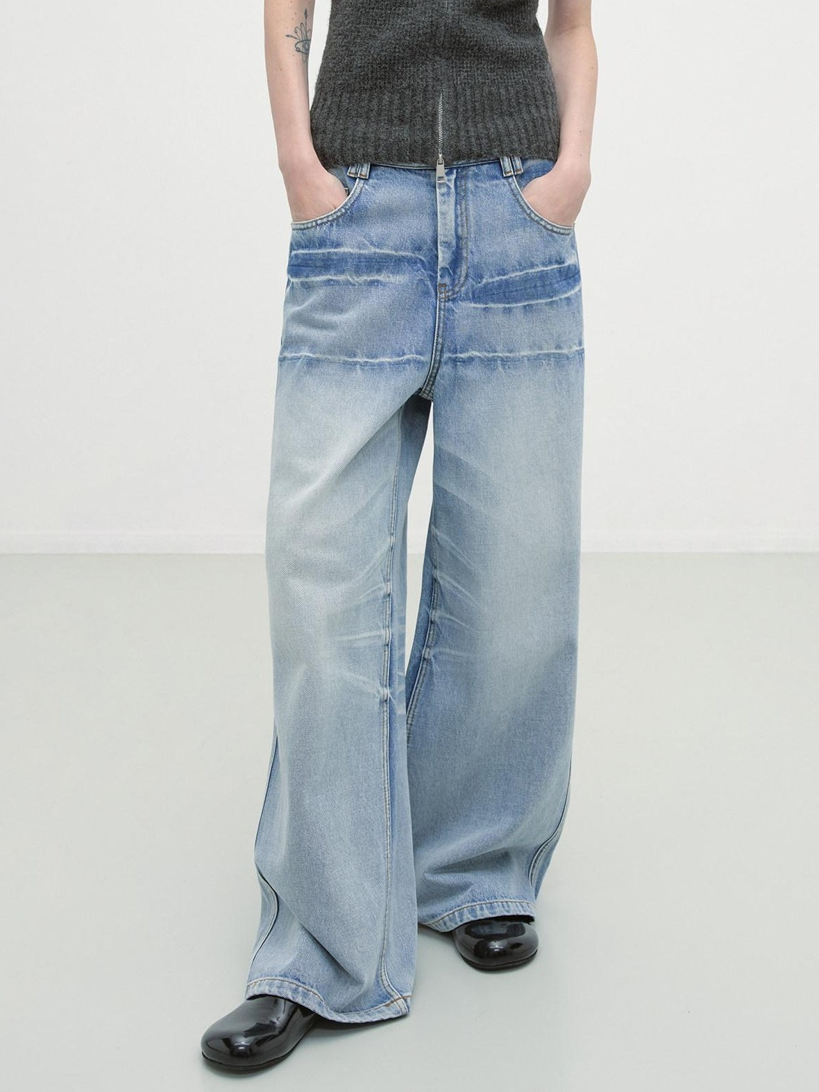 RUN TO THE FUTURE Washed Low Waist Casual Loose Fit Cotton Zipper Women Denim Blue Wide-Leg Jeans