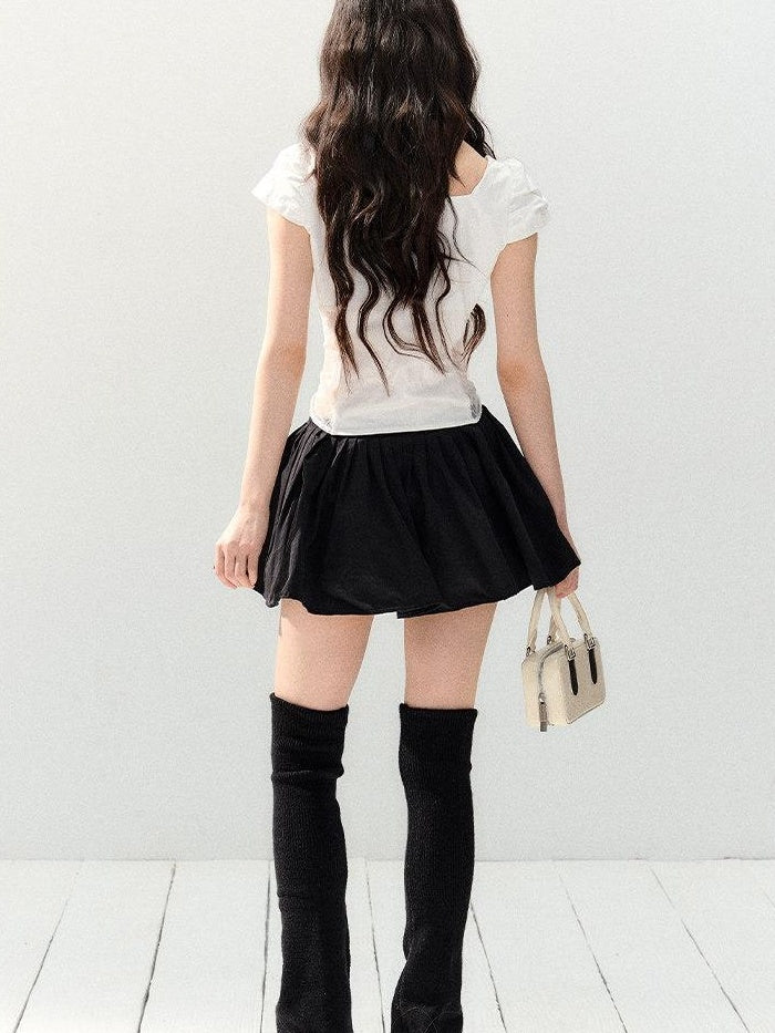 7Shiftin Puff Sleeve Two Piece Office Chic Women Crop T Shirt Basic Crop Tops