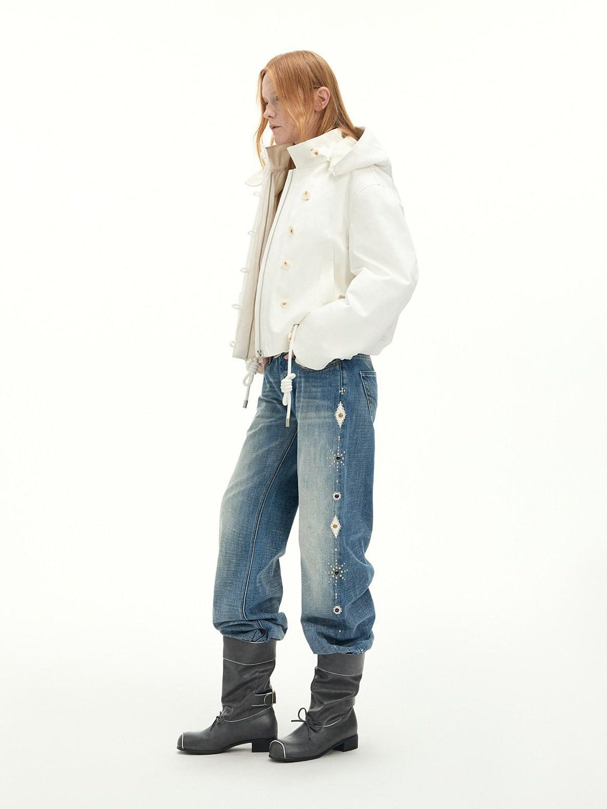 RUN TO THE FUTURE Washed Embroidered Low Rise Straight Cotton Button Fly Women Blue Wide-Leg Jeans