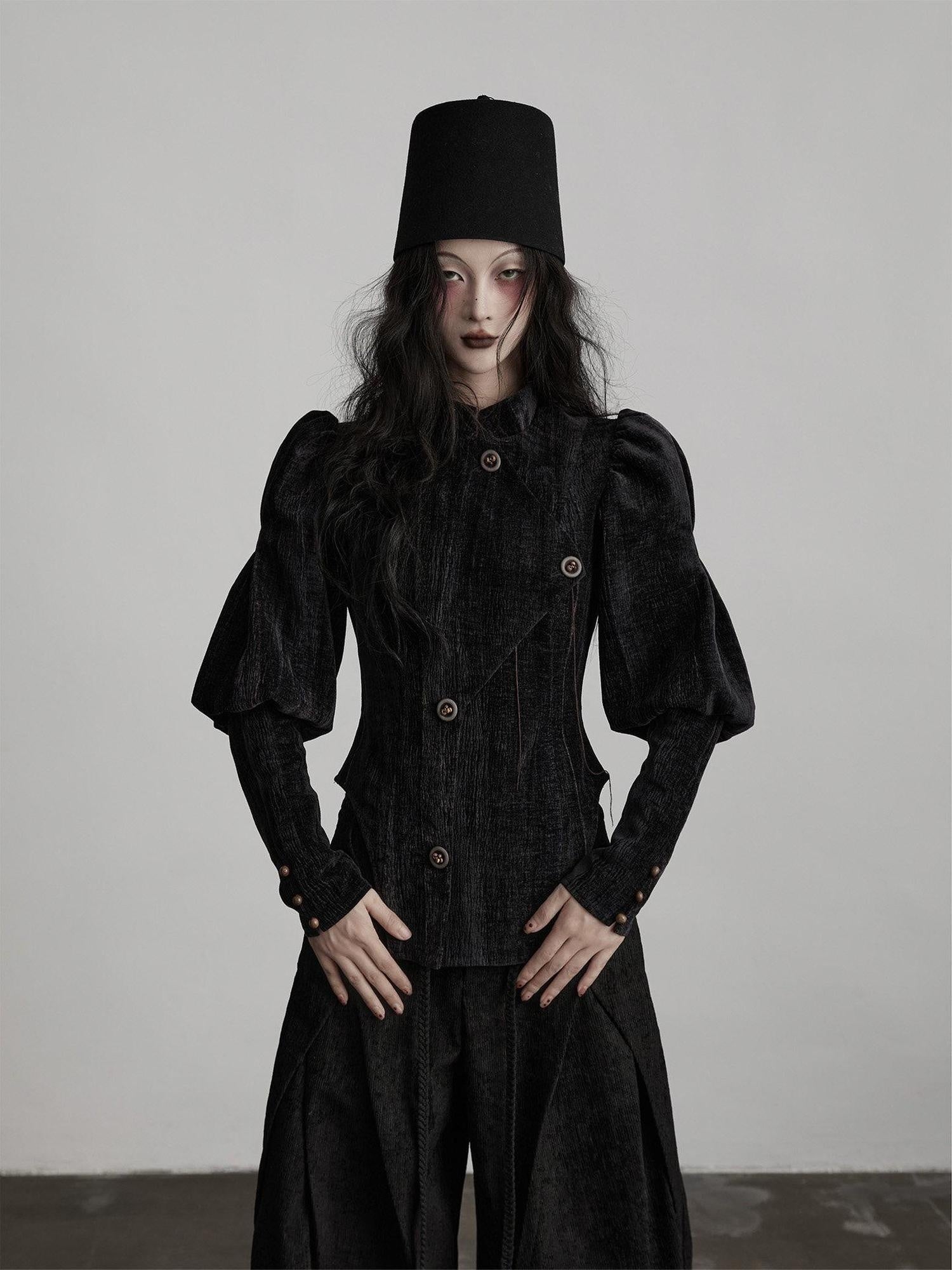 INDULGE Stretchy Waist Cinch Gothic Loose Fit Button Front Women Black Cropped Jackets
