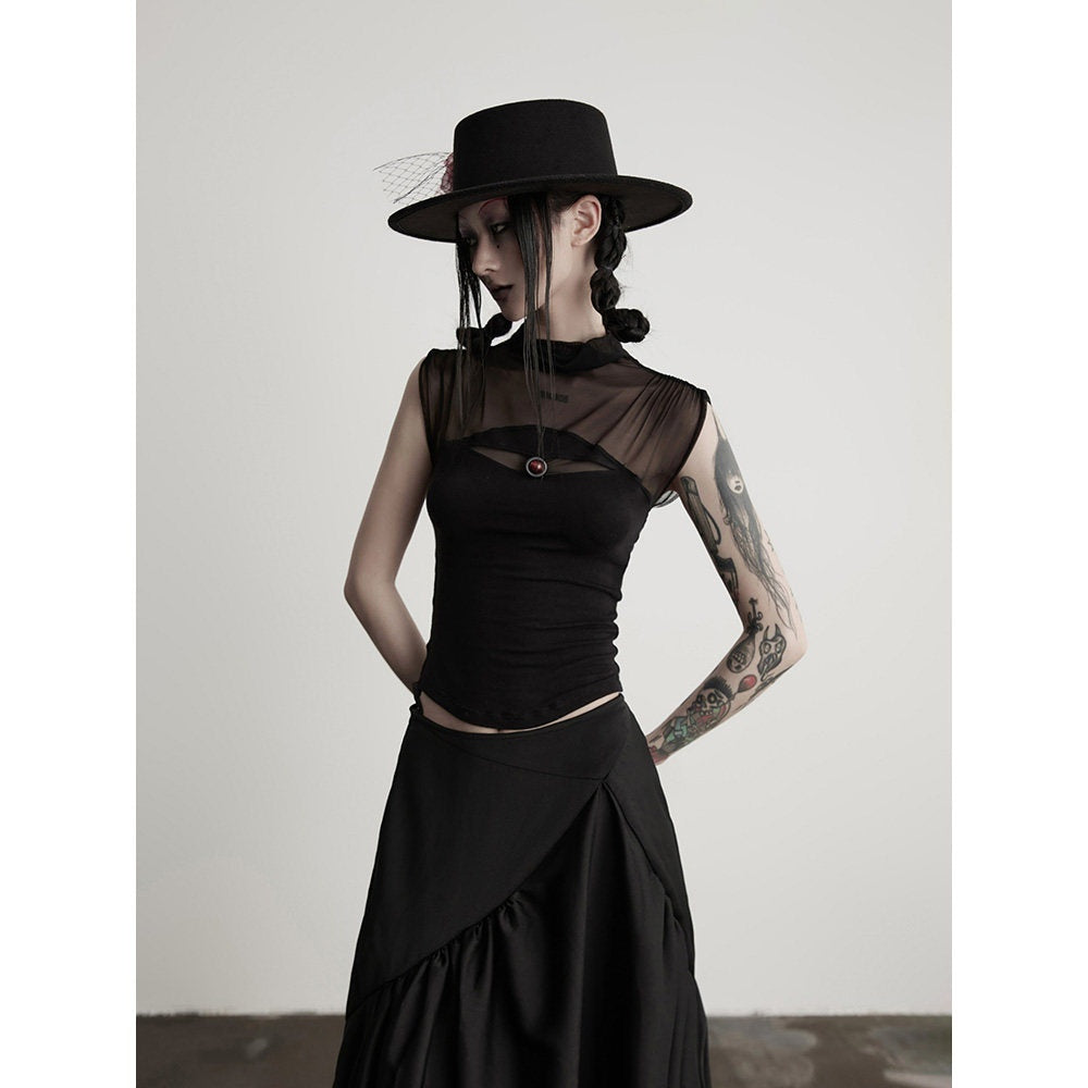 INDULGE_Wrinkle_Free_Stretch_Mesh_Slim_Fit_Edgy_Women_Lightweight_Black_Tank_Tops_MISSTT