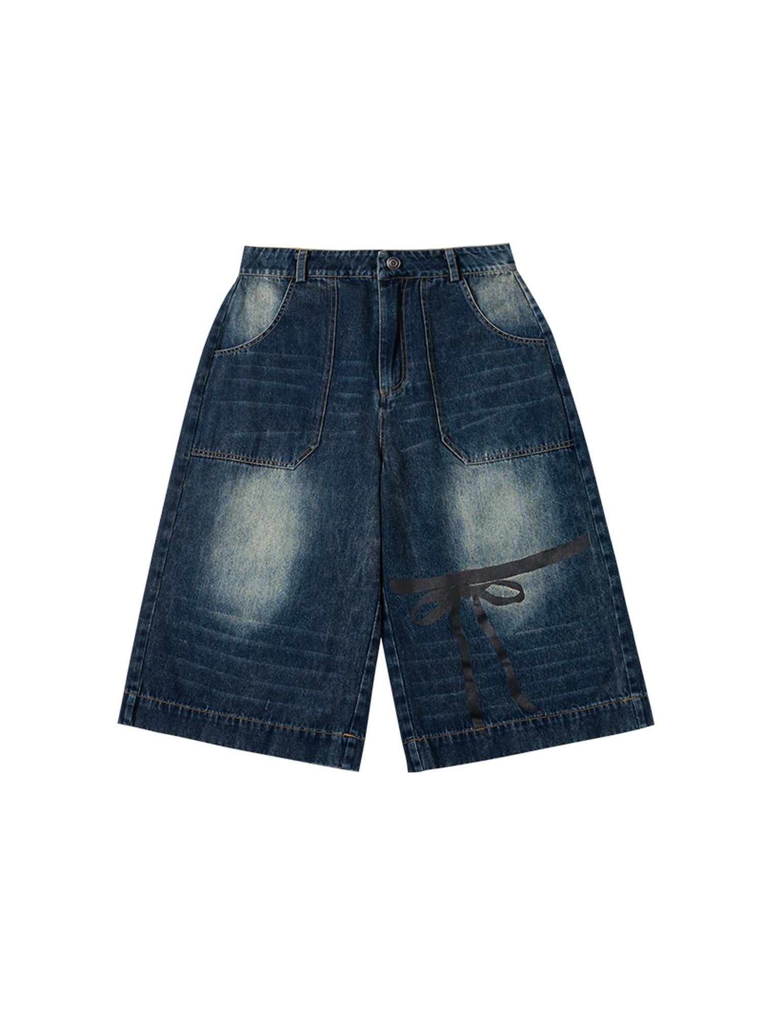 MOMSYCAN FOX LINE Soft Washed Distressed Denim Jeans With Bowtie Strap Metallic Buckle