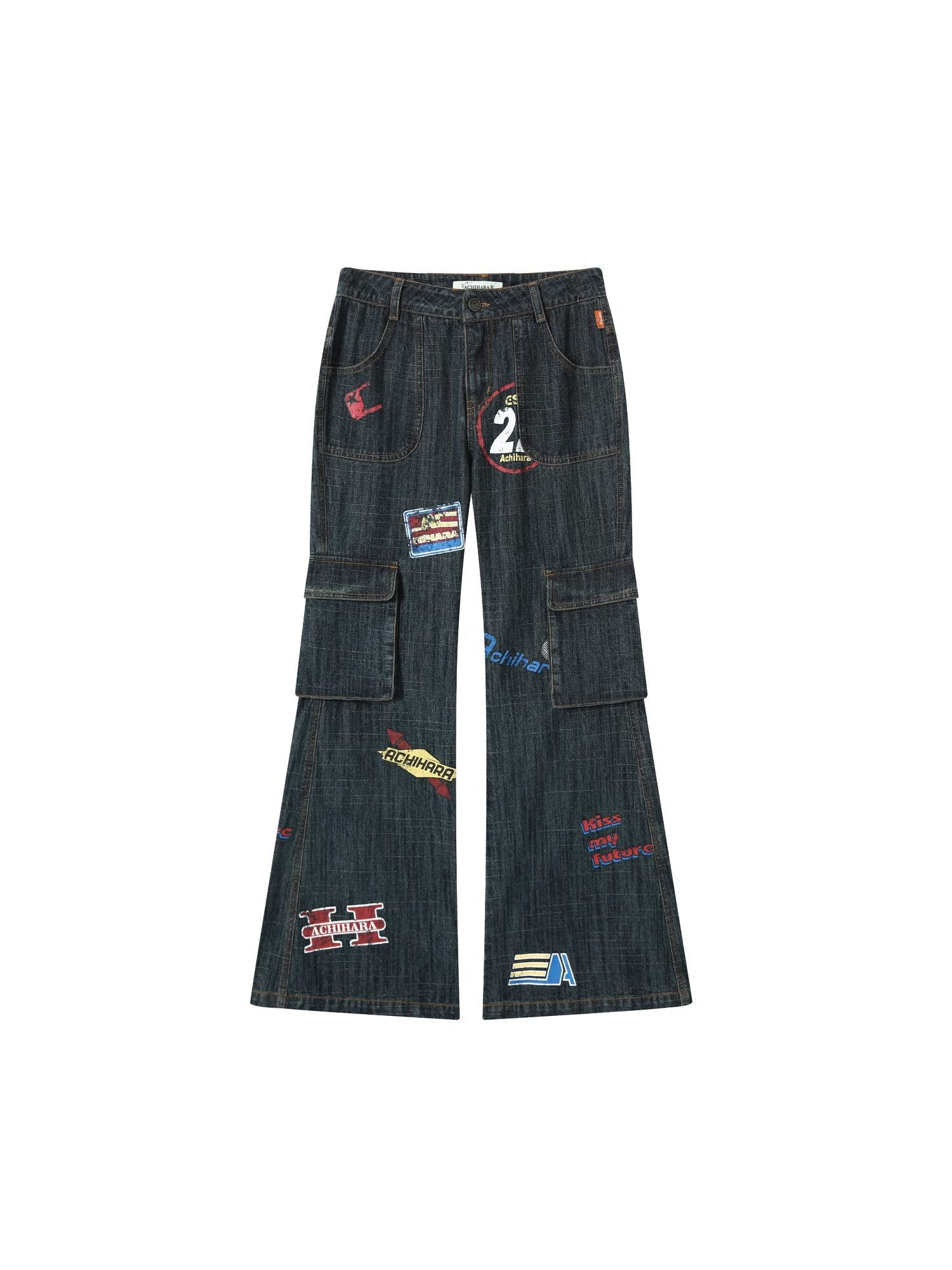 Achihara Vintage Stamp Washed Denim Flare Jeans