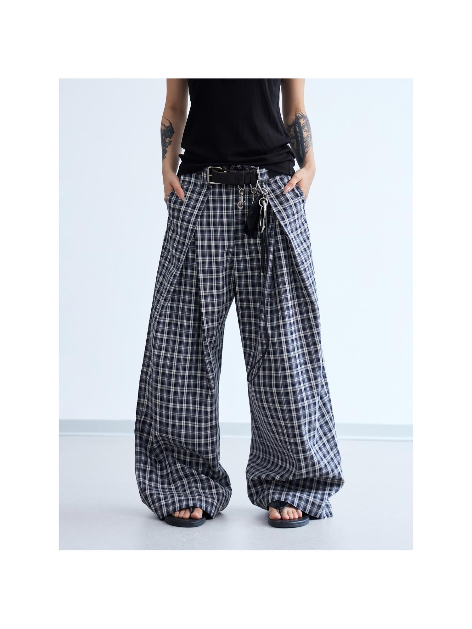 Peoplesense Pleated Plaid Wide Leg Pants Unisex Relaxed Fit Retro Trousers