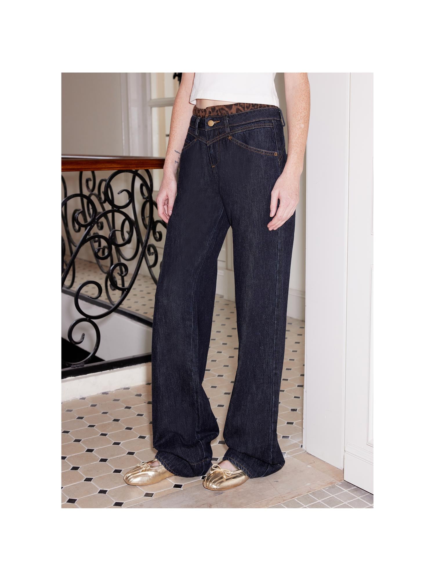 2th Desire Flared Patchwork Leopard Check Lace Flare Jeans With Detachable Skirt