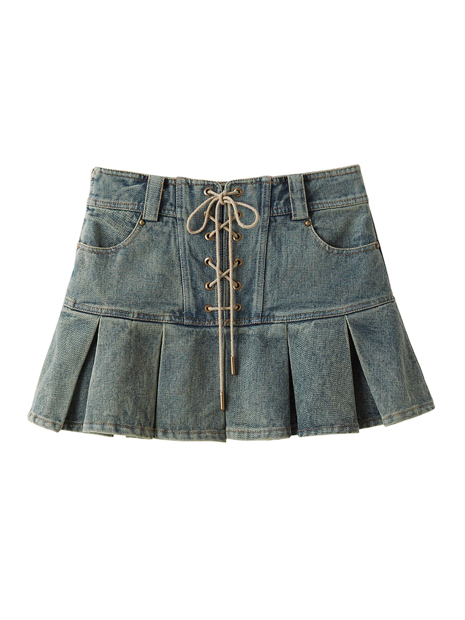 DIDDI MODA Cross Lace Vintage Pleat Denim Skirt