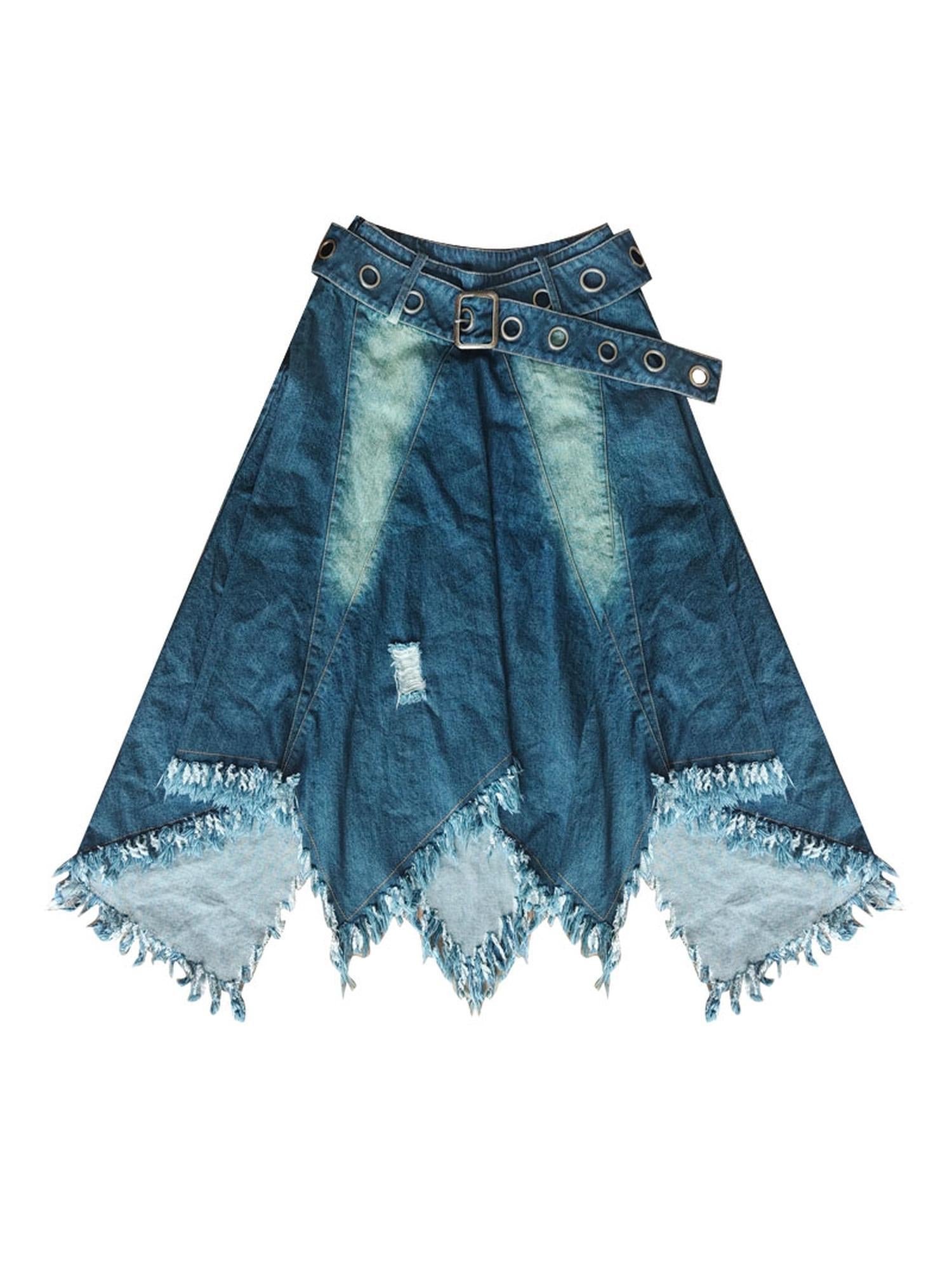 WSW WUSHENWU Vintage Fringe Raw Hem Denim Skirt Free Spirit Industrial Chic