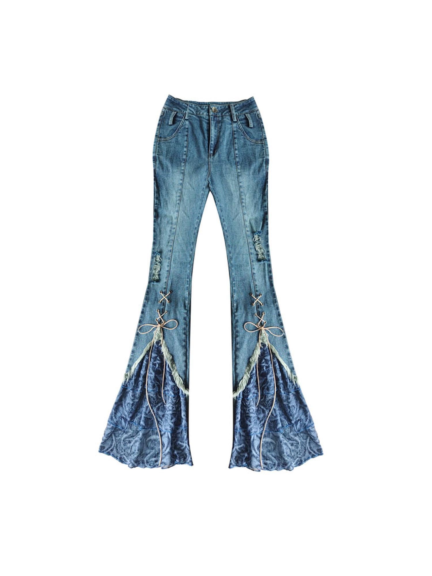WSW WUSHENWU Sunset Road Mesh Panel Tie Detail Jeans