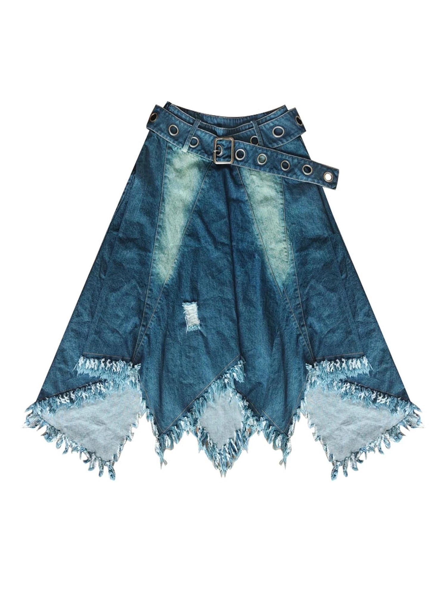 Vintage Fringe Raw Hem Denim Skirt Free Spirit Industrial Chic