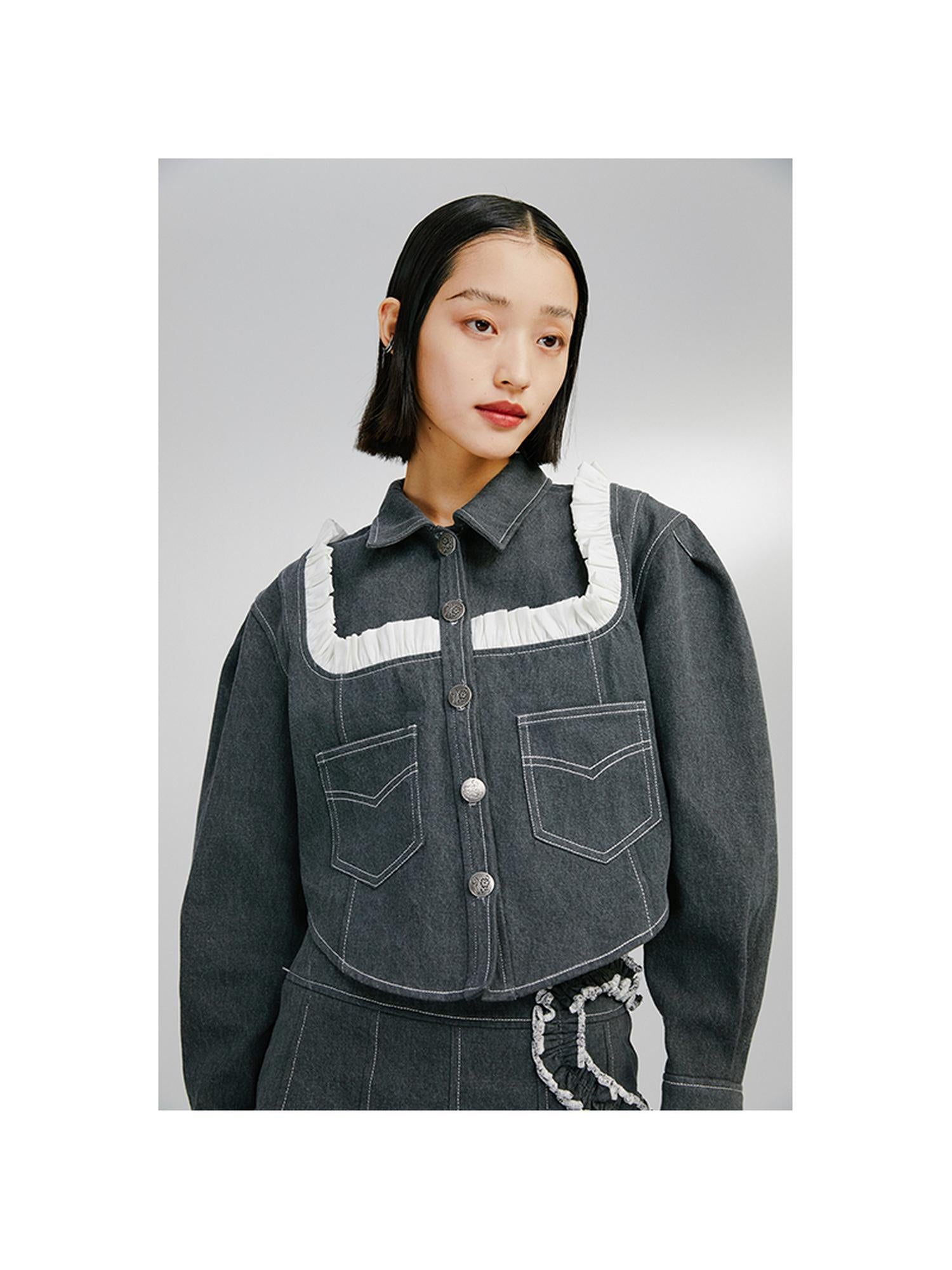 DIDDI MODA Sweet Ruffled Crop Jacket Denim Skirt Set