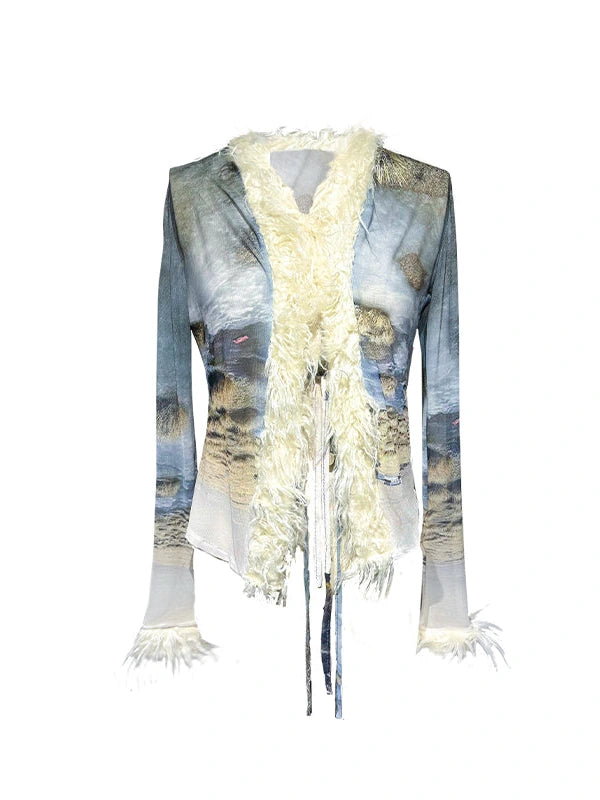 Ethnic Print Sheer Fluffy Stretch Fitted Cardigan