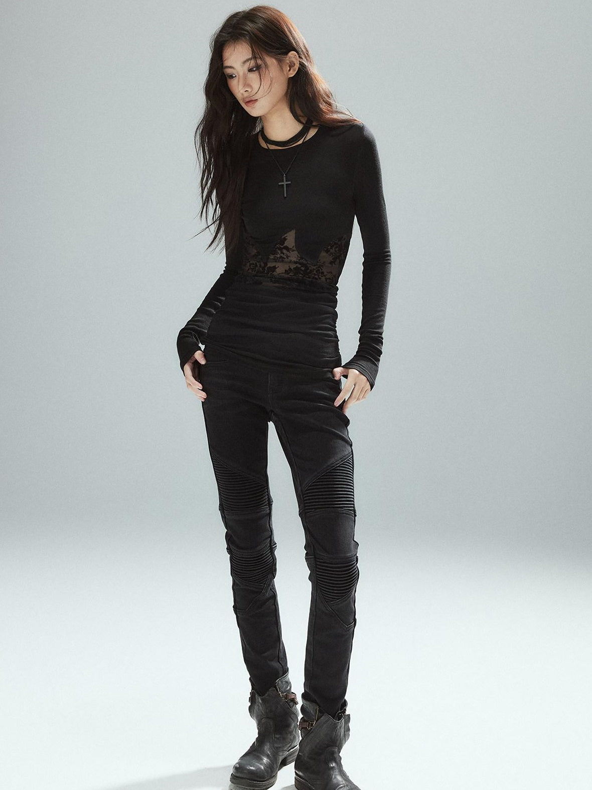 Low pixel Asymmetrical Patchwork Slim Streetwear Black Lyocell Long Sleeve T-Shirts