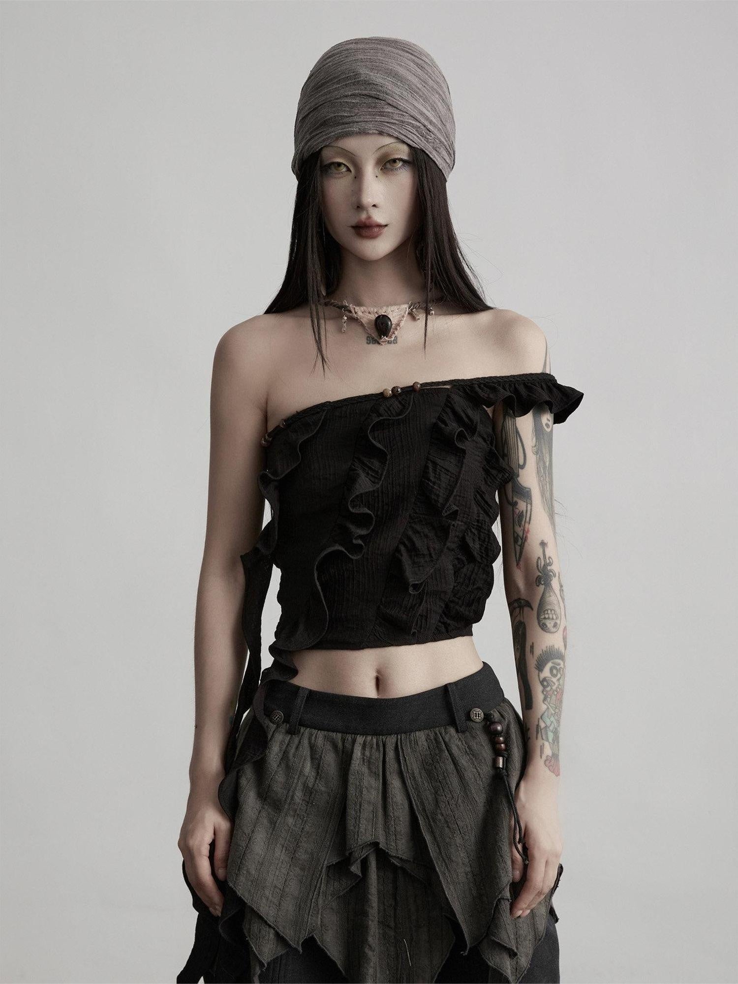 INDULGE Spliced Patchwork Original Slim Fit Solid Black Women Bandeau Tops