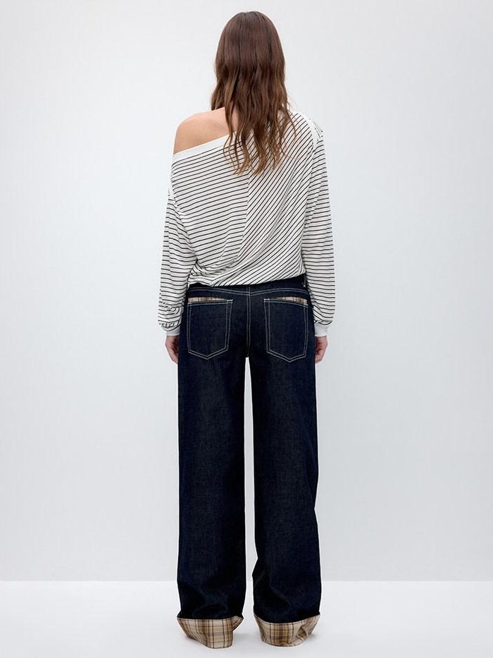 RUN TO THE FUTURE Washed Low Waist Wide Leg Loose Fit Casual Denim Indigo Straight Jeans
