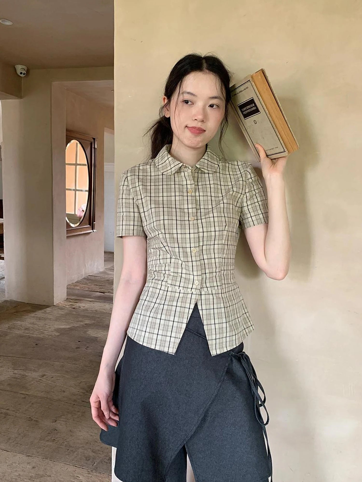 High Waisted Checked Cotton Short Sleeve Shirt