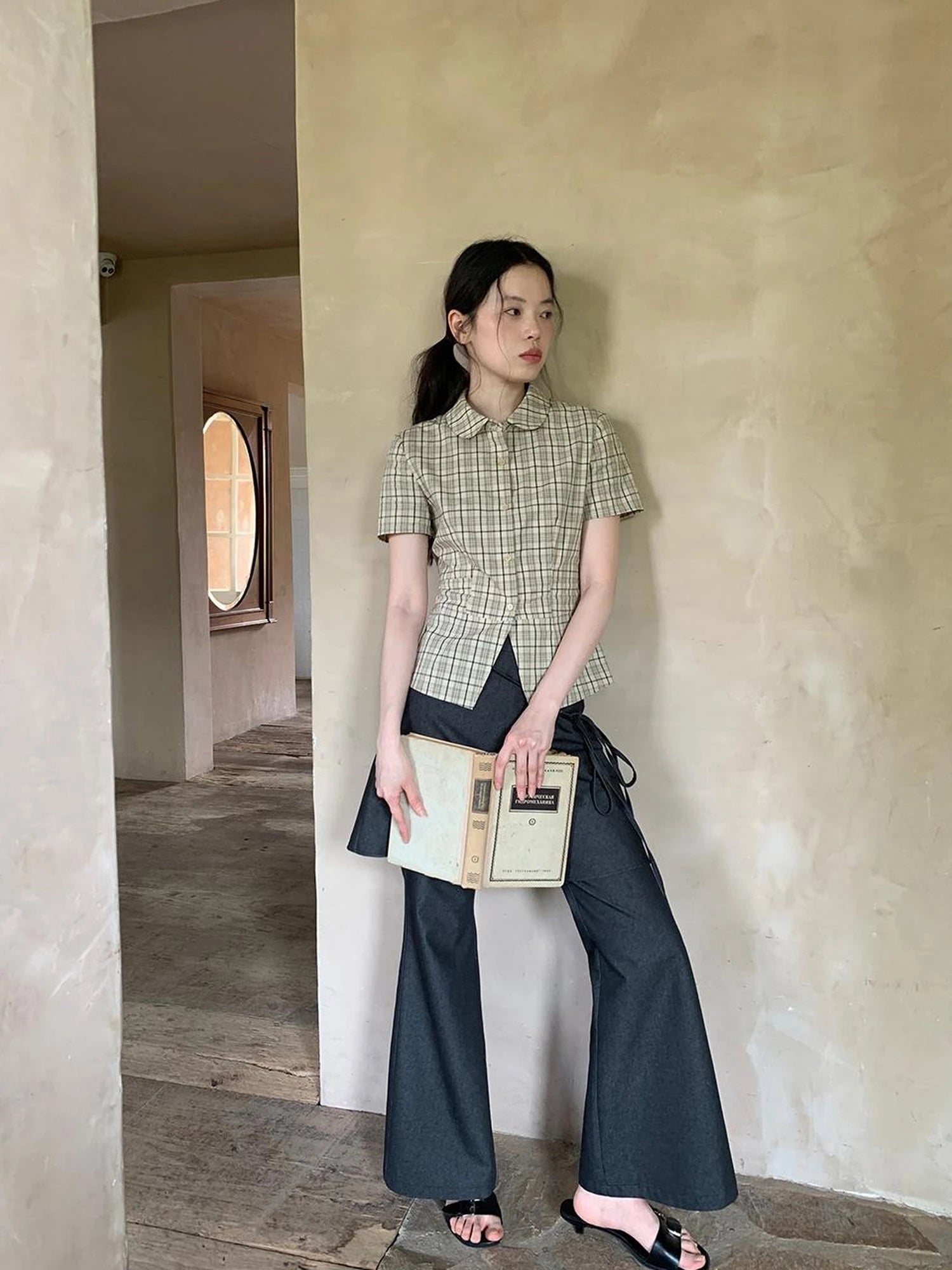 High Waisted Checked Cotton Short Sleeve Shirt