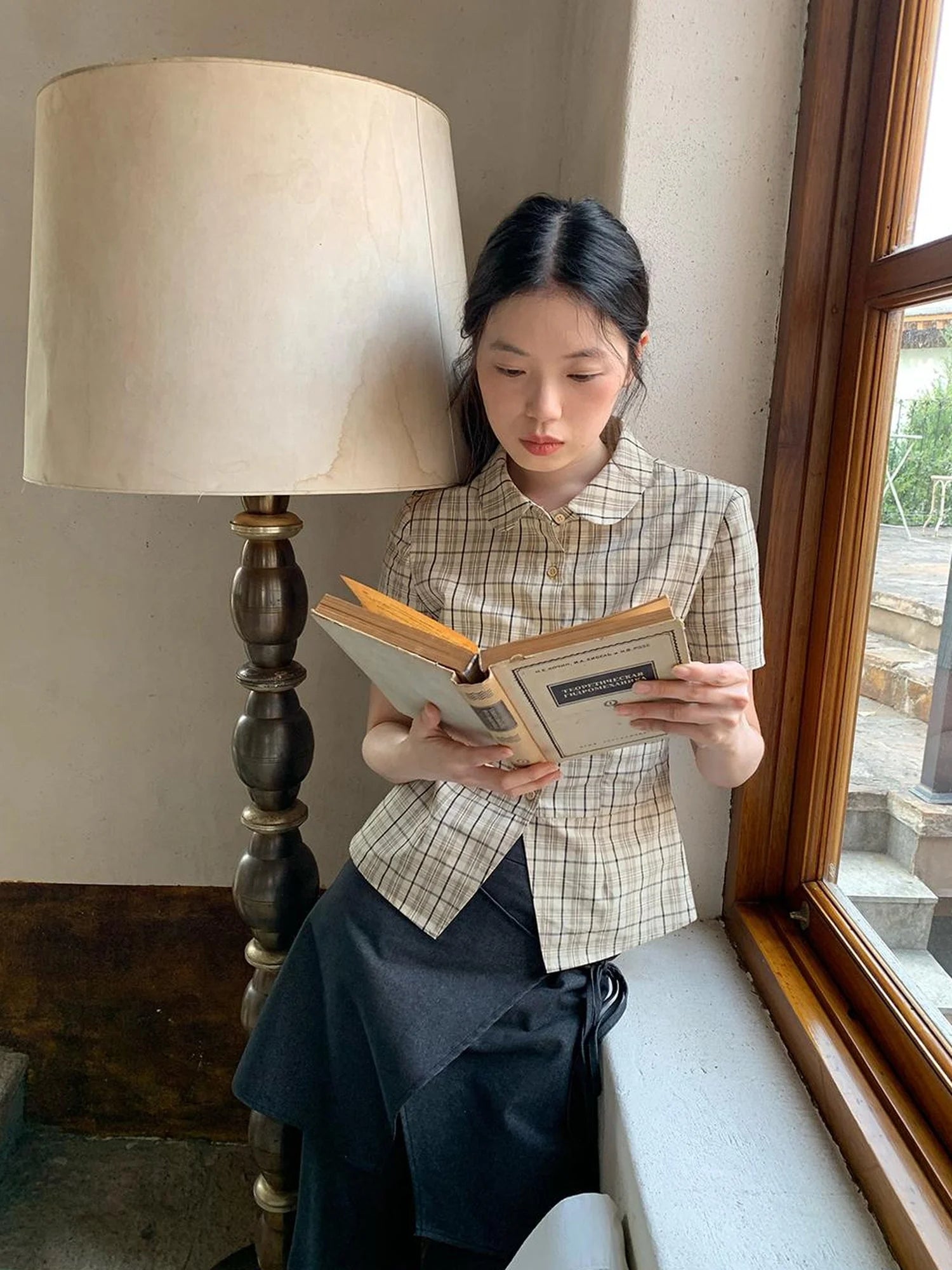 High Waisted Checked Cotton Short Sleeve Shirt