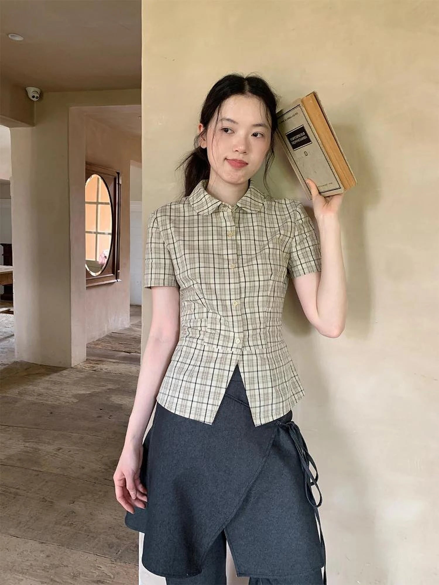 High Waisted Checked Short Sleeve Cotton Shirt