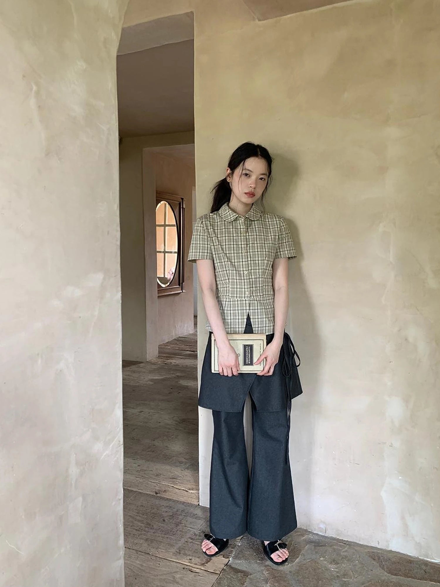 High Waisted Checked Short Sleeve Cotton Shirt