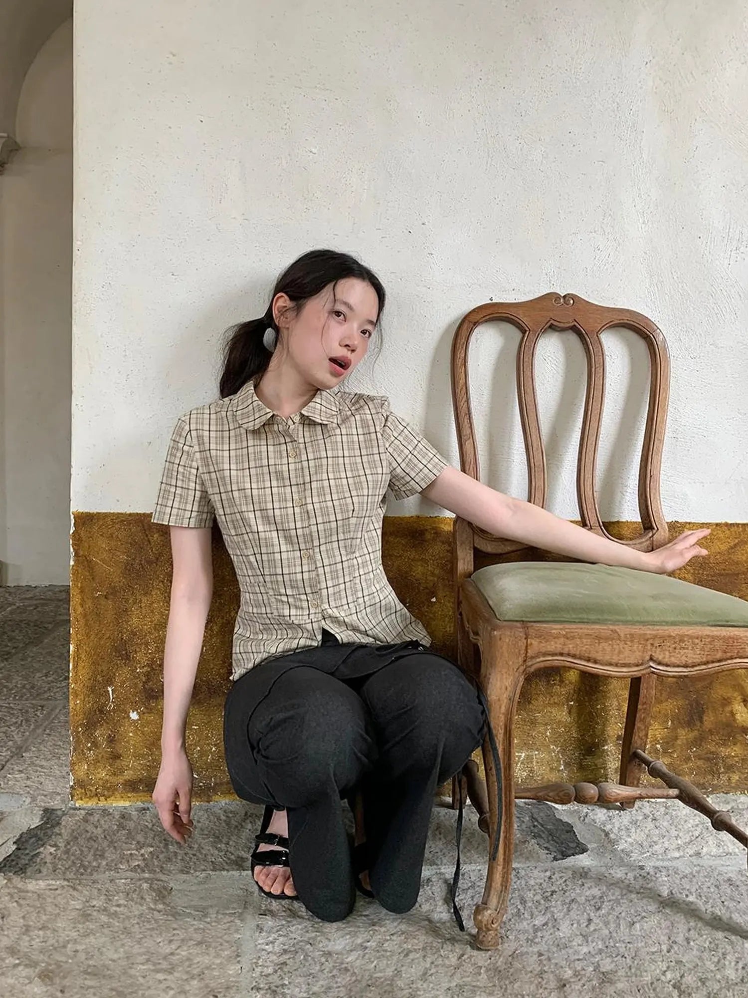 High Waisted Checked Short Sleeve Cotton Shirt