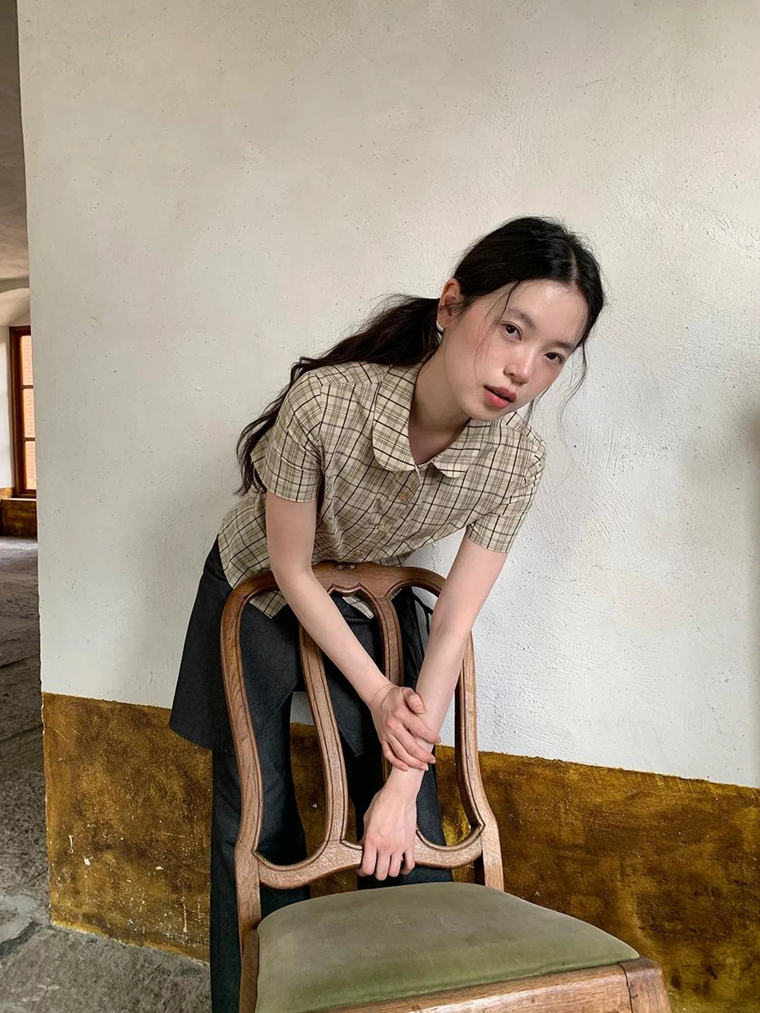 High Waisted Checked Short Sleeve Cotton Shirt