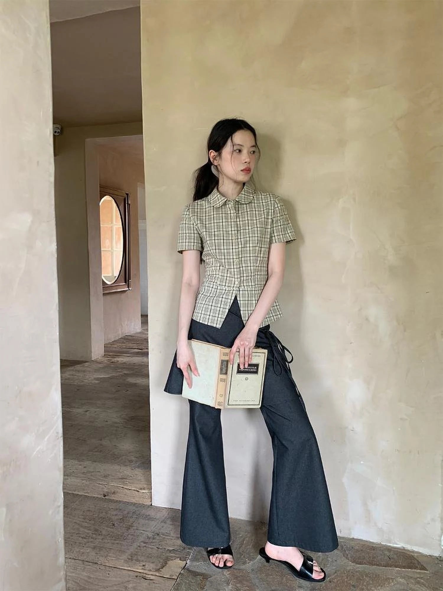 High Waisted Checked Short Sleeve Cotton Shirt