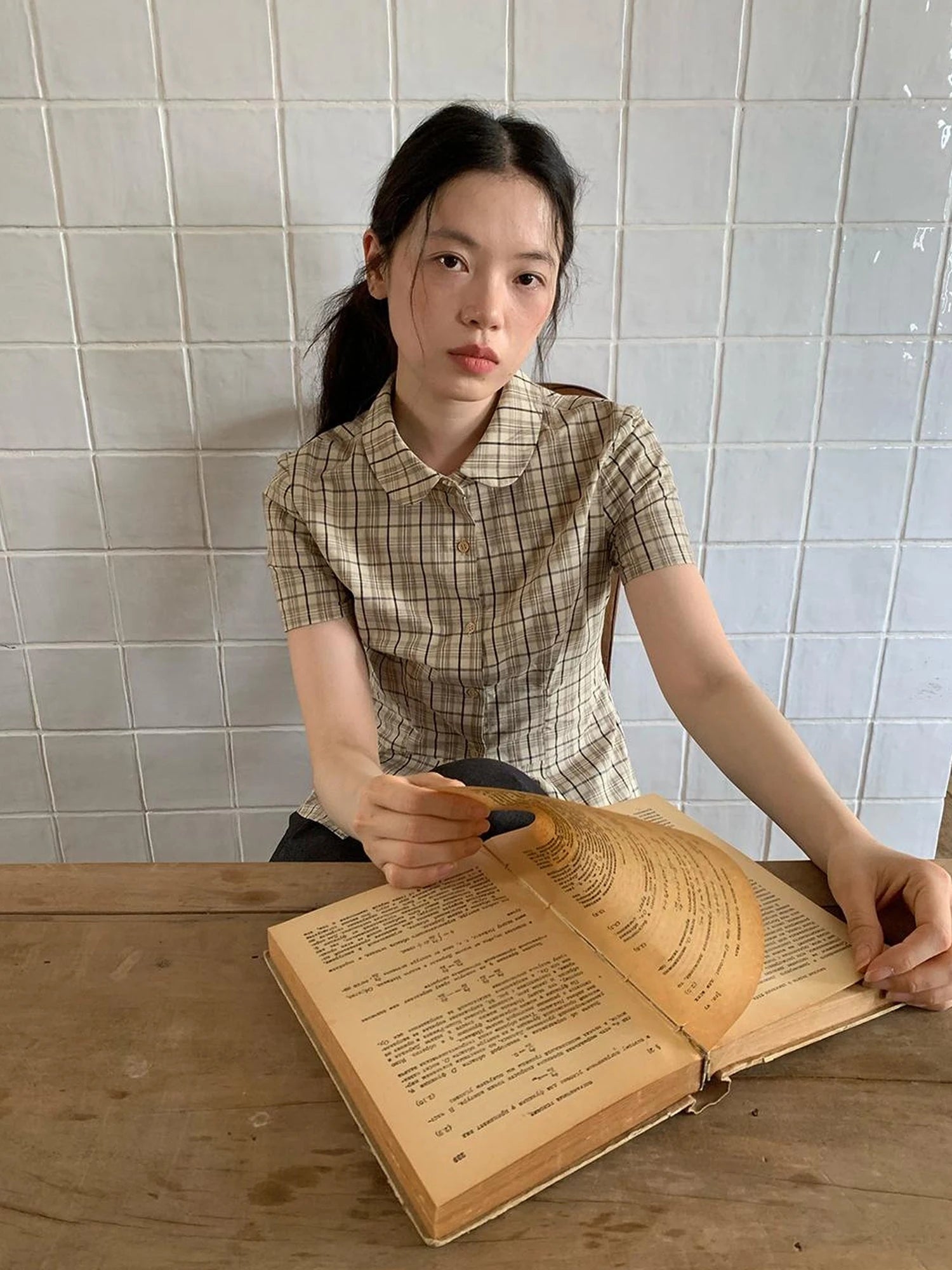 High Waisted Checked Short Sleeve Cotton Shirt