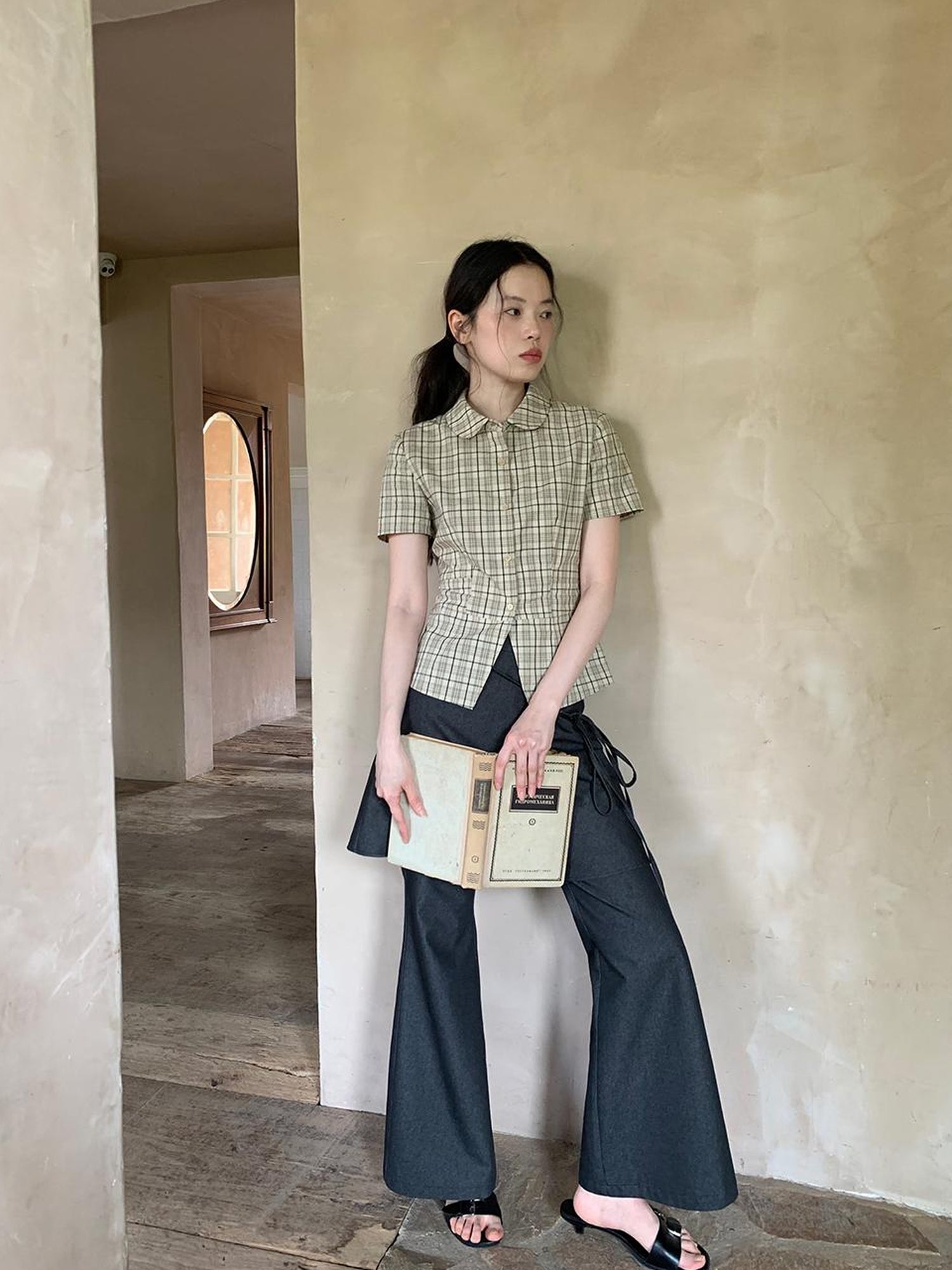 dorydory High Waisted Checked Short Sleeve Cotton Shirt