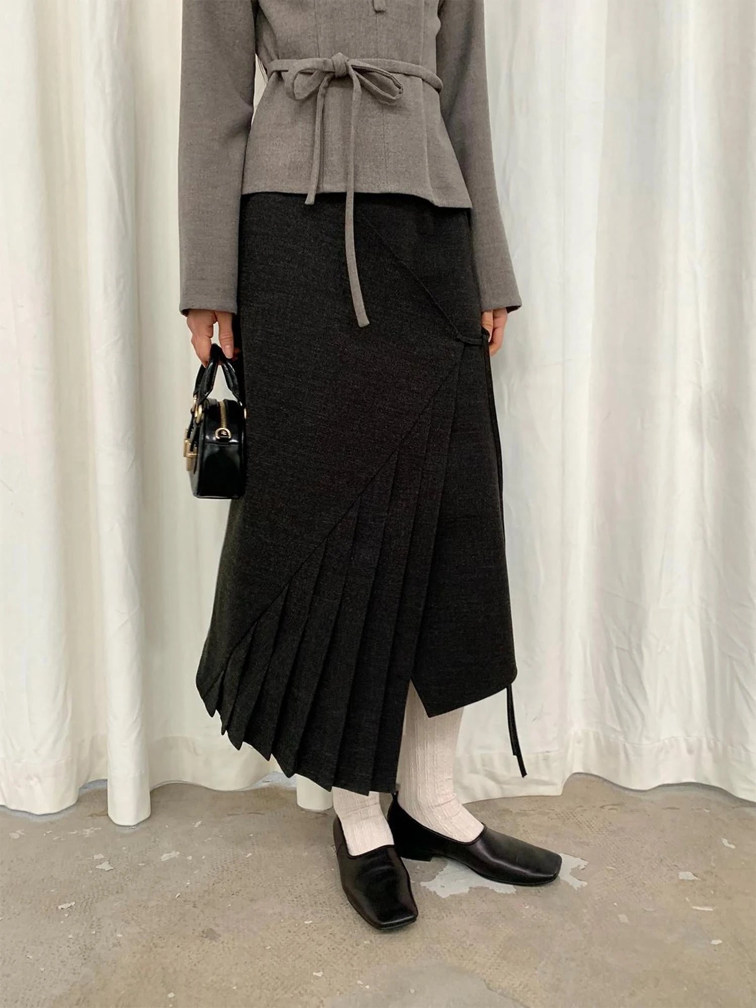 Textured Pleated Midi Skirt In Brushed Twill