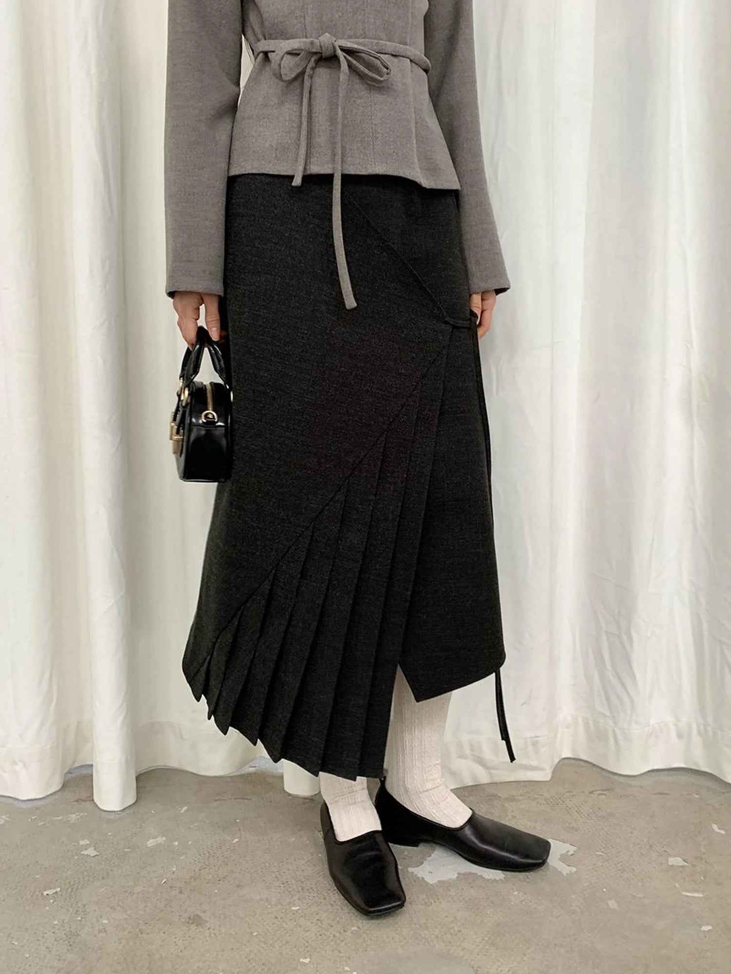 Textured Pleated Midi Skirt In Brushed Twill