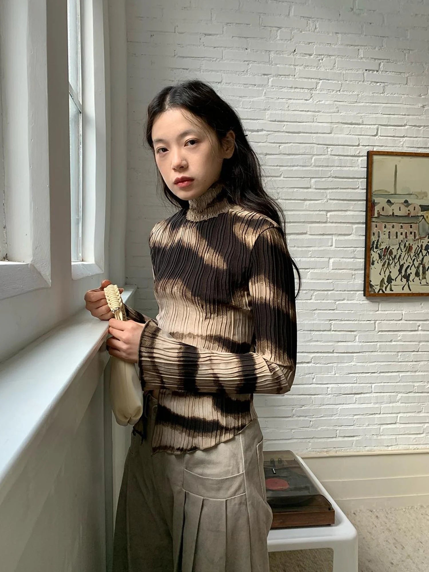 Textured Print High Neck Long Sleeve Tee