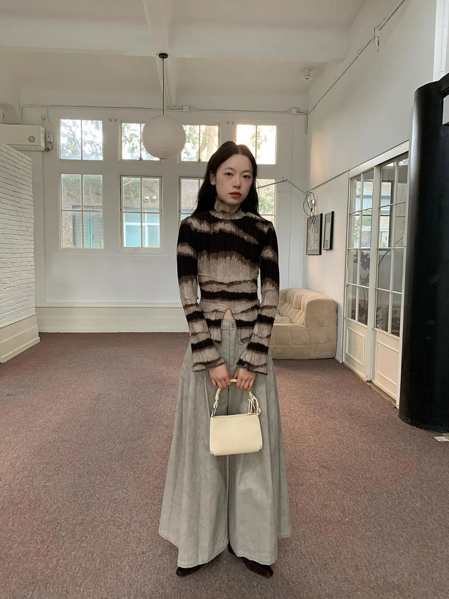 Textured Print High Neck Long Sleeve Tee