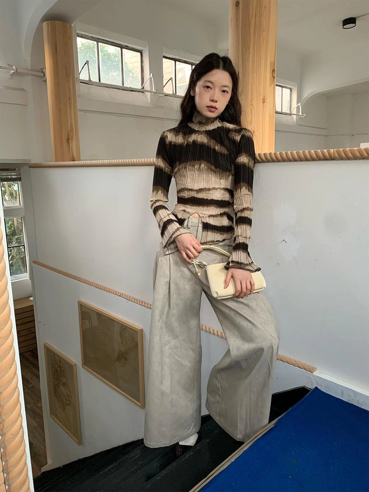 Textured Print High Neck Long Sleeve Tee