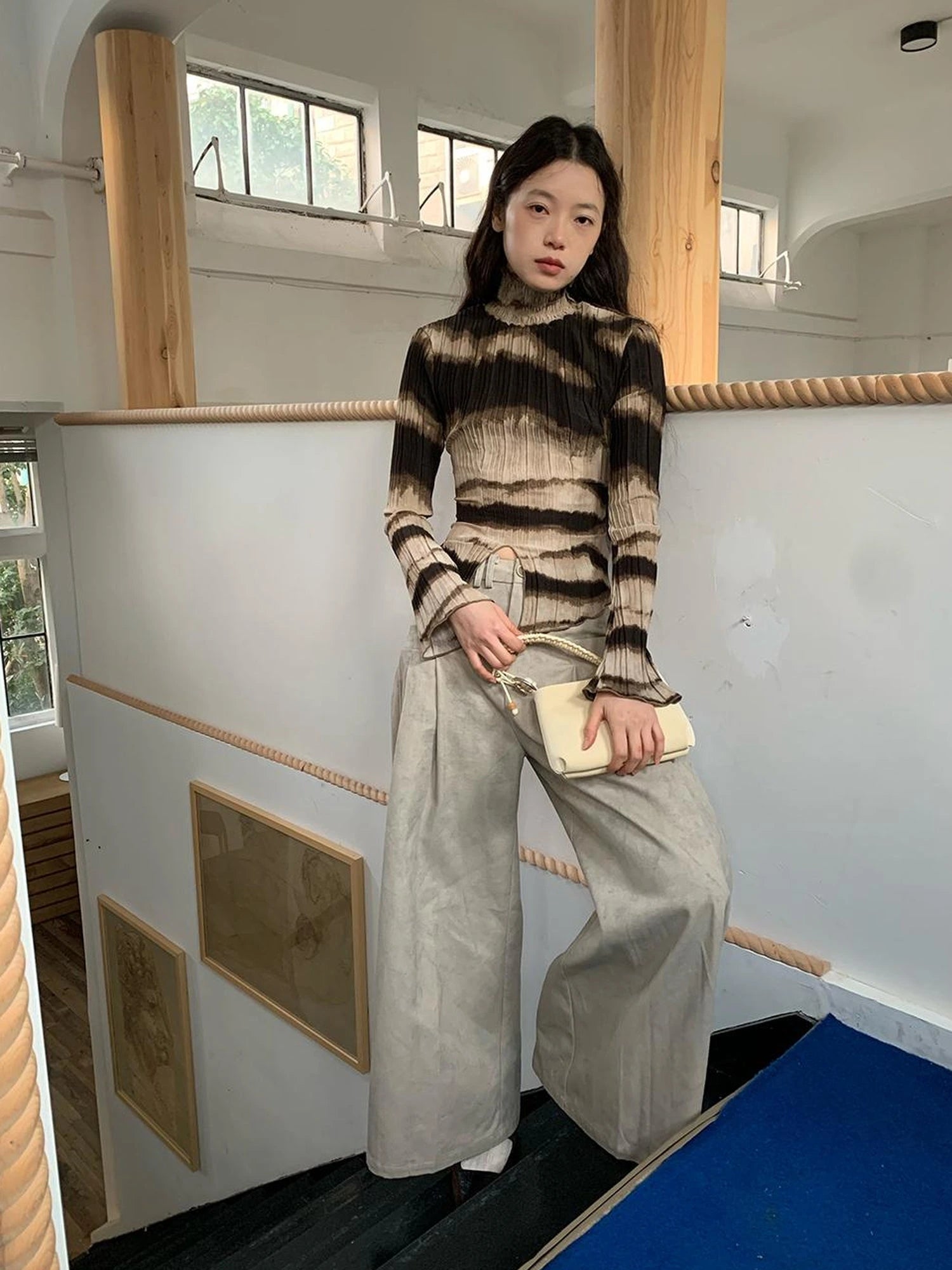 Textured Print High Neck Long Sleeve Tee