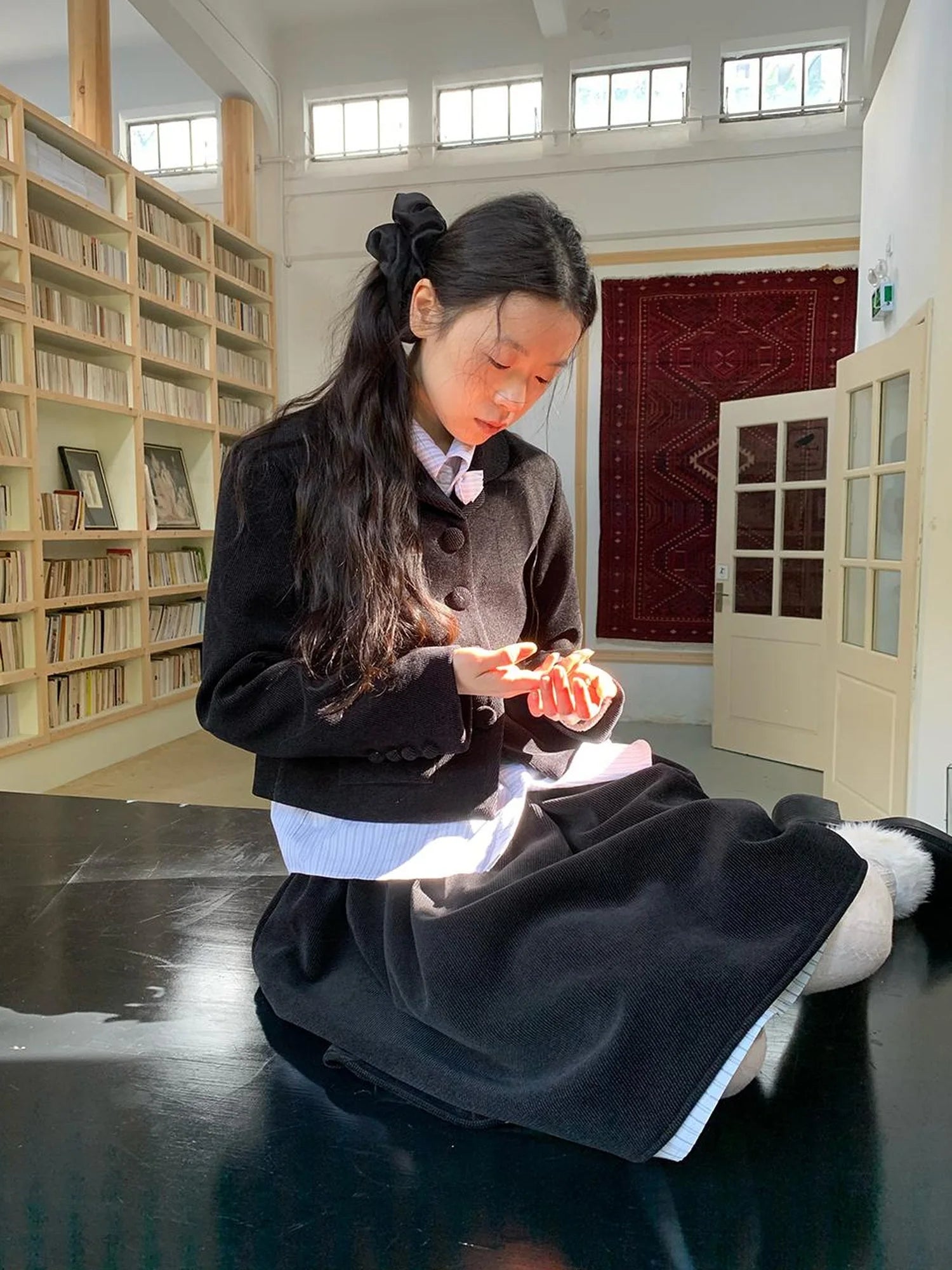 Velvet Texture A Line Skirt with Contrast Trim