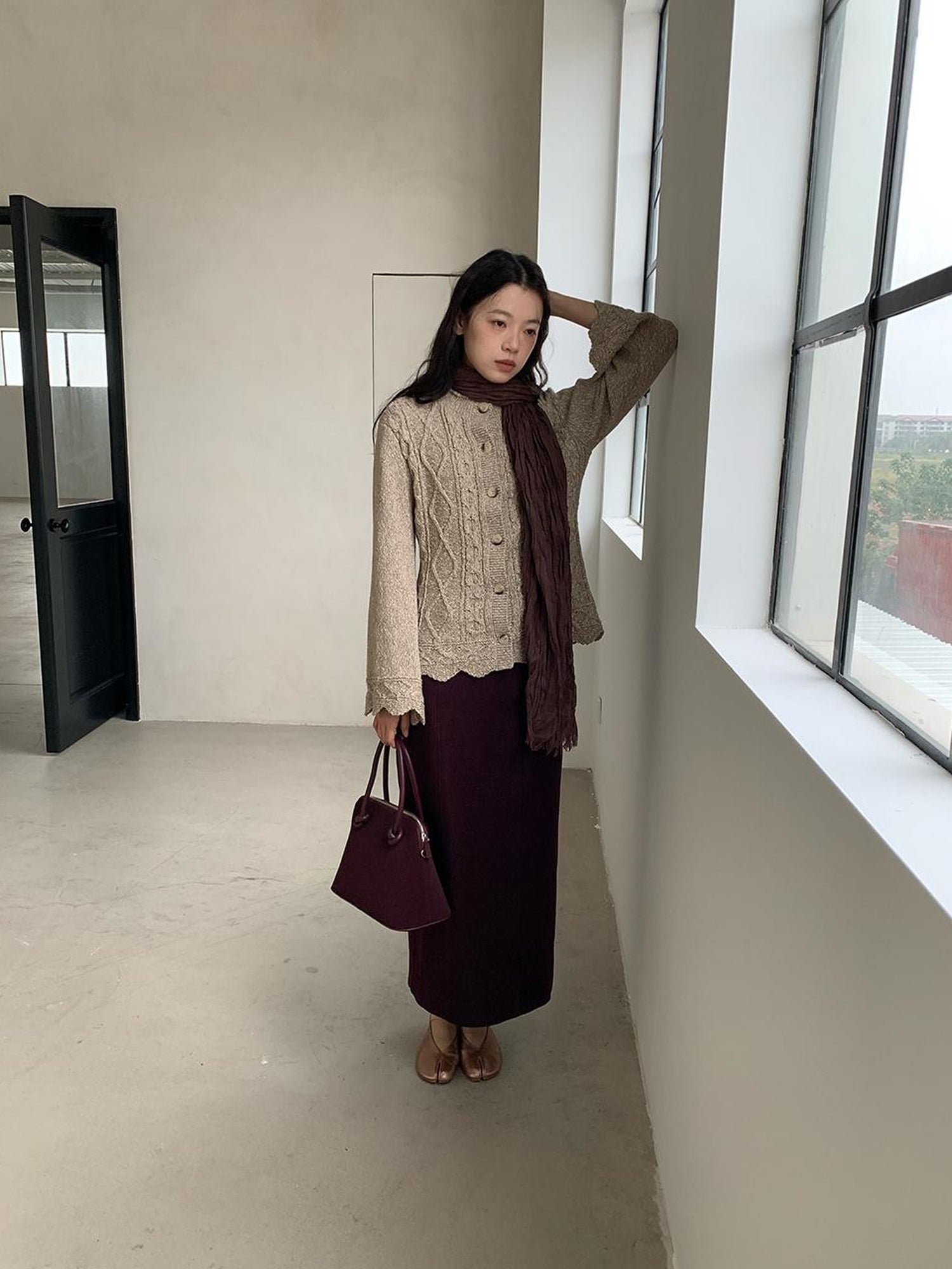dorydory Vintage Cable Wave Knit Cardigan Sweater V-neck T-shirt Long Sleeve