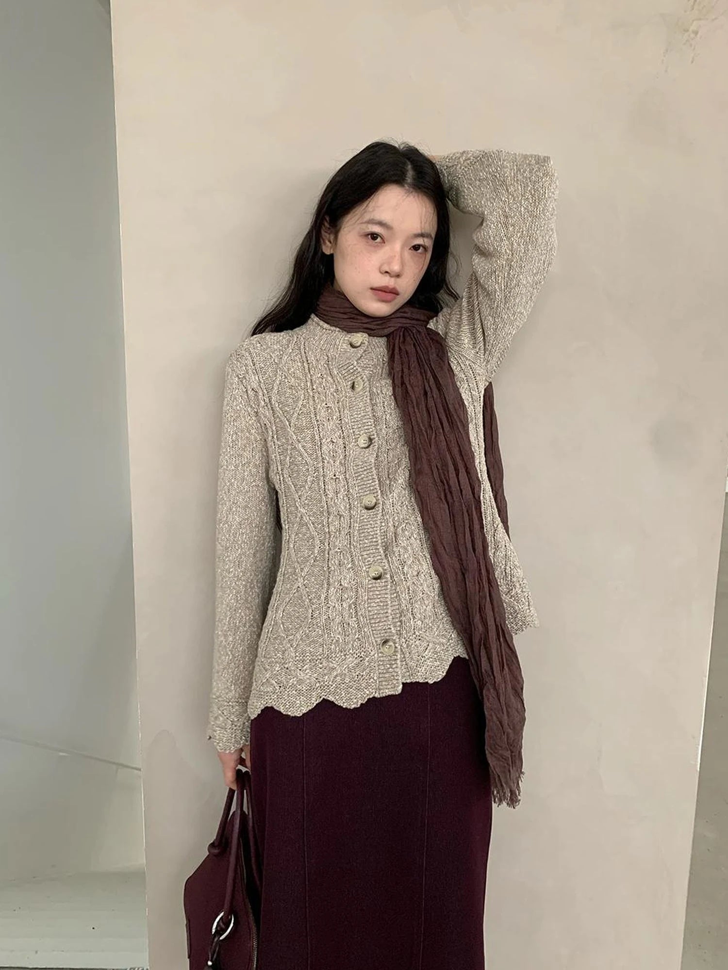 Vintage Cable Wave Knit Cardigan Sweater V-neck T-shirt Long Sleeve