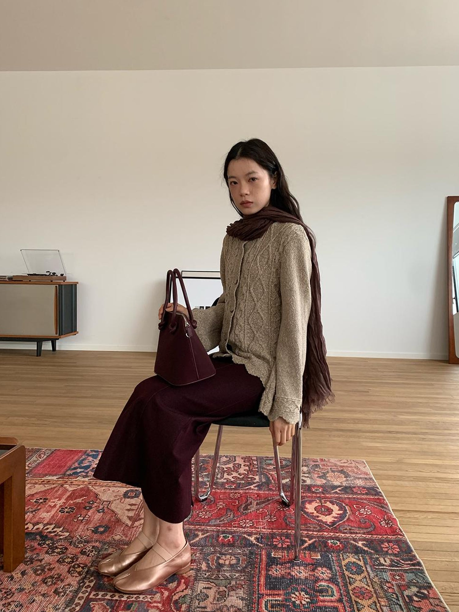 dorydory Vintage Cable Wave Knit Cardigan Sweater V-neck T-shirt Long Sleeve