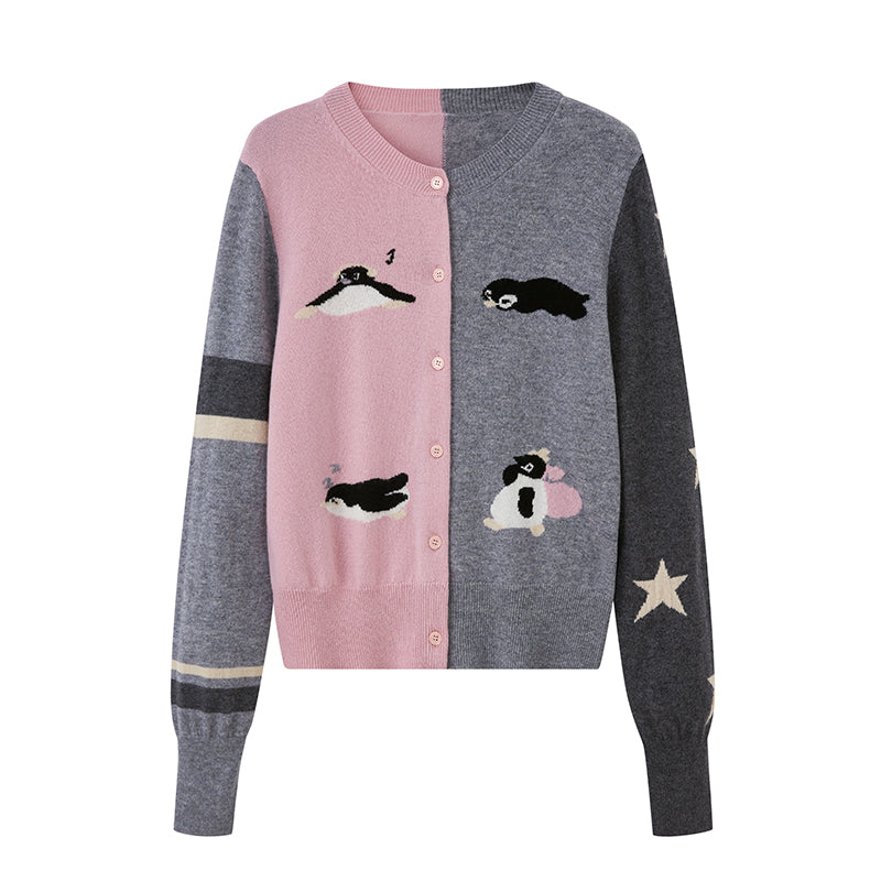 DIDDI MODA Penguin Patch Asymmetrical Knit Cardigan