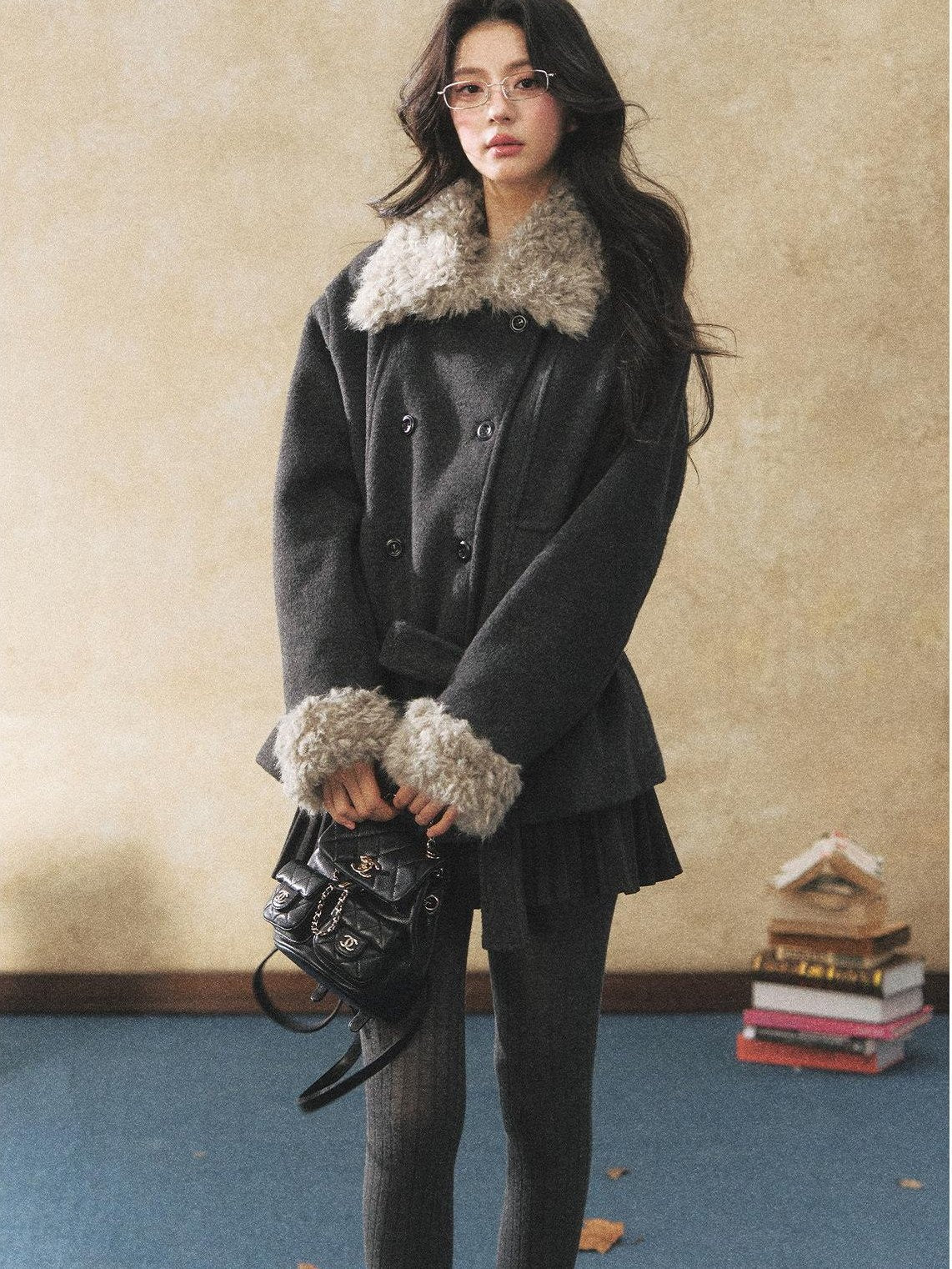 7Shiftin Warm Faux Fur Trim Casual Waist Double Breasted Women Deep Gray Short Coat