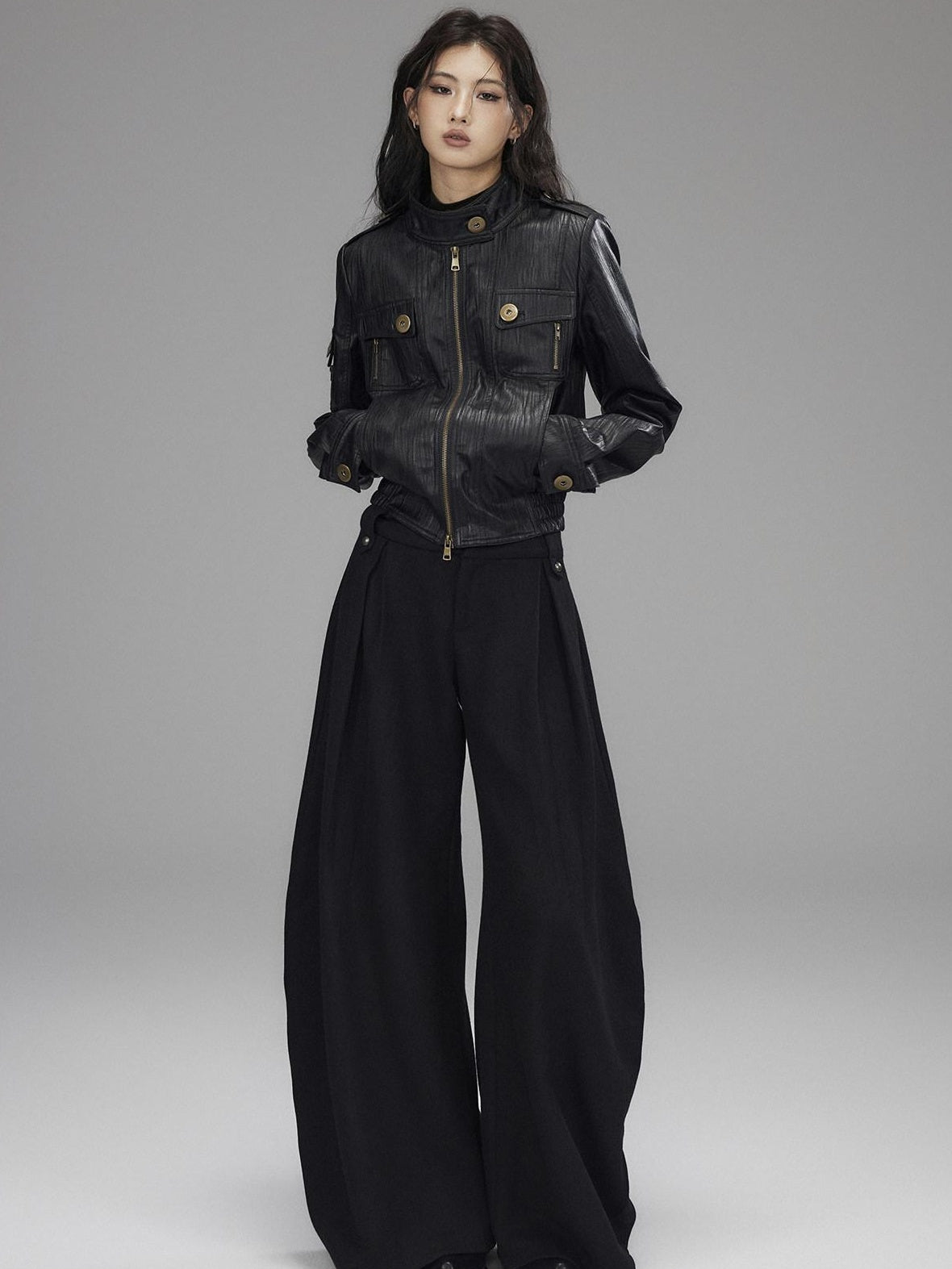 Low pixel Insulated Waist Cinch Workwear Multipocket Lapel Zip Black Women Leather Jackets