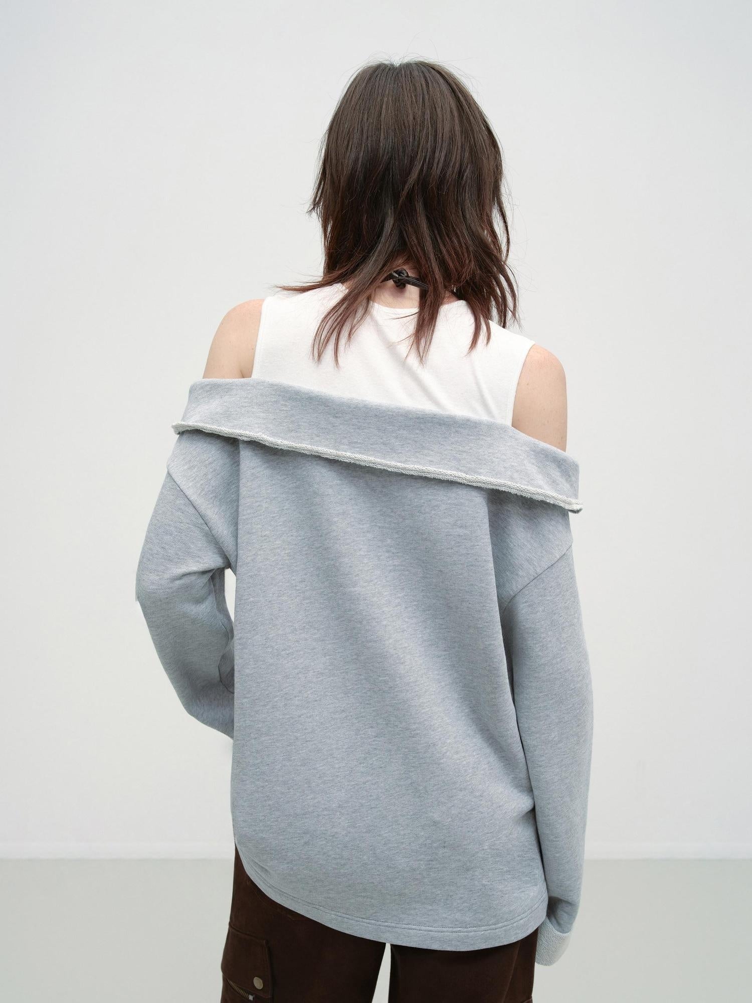 RUN TO THE FUTURE Gray White Patchwork Layered Loose Crewneck Commuter Women Pullover Sweatshirts