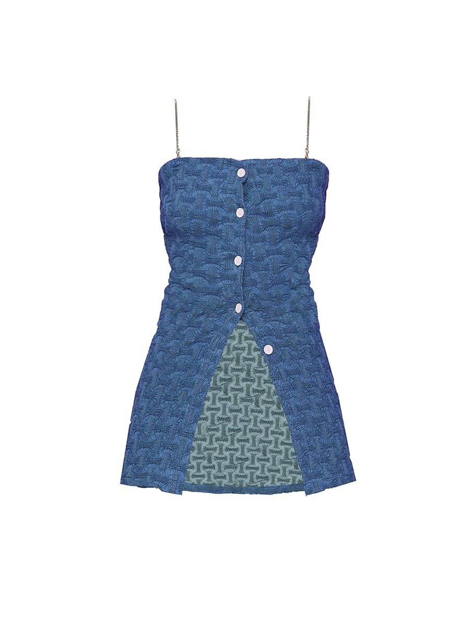 The NeverMore Chain Trim Ruched Button 3D Accent Slim Fit Cotton Blend Women Blue Camisoles