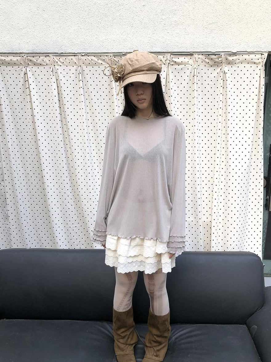 ang project Mocha Sheer Mesh Layered Ruffle Round Neck Women&