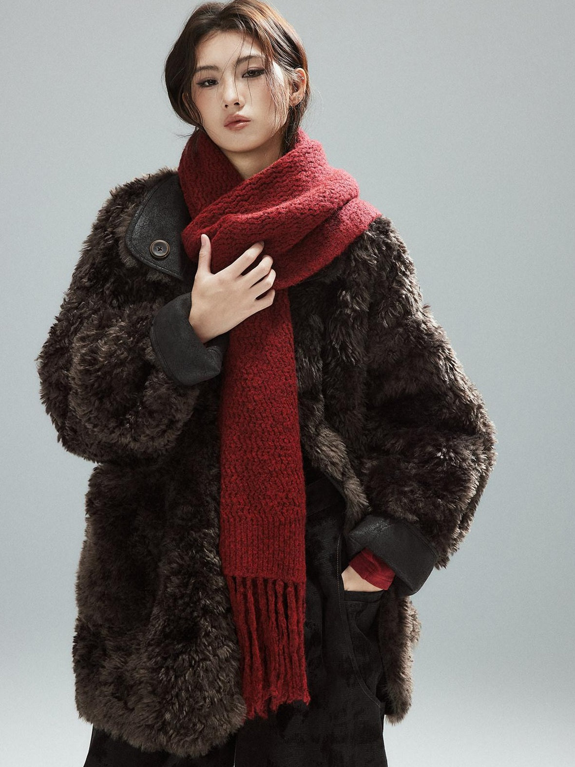Low pixel Cozy Acrylic Wool Blend Korean Style Unisex Long Solid Red Decorative Scarves