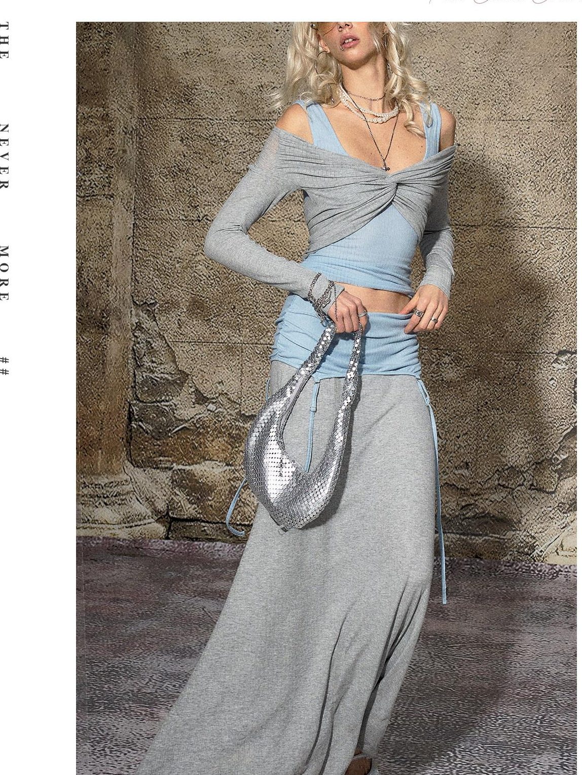The NeverMore Slim Fit Office Long Sleeve Pullover Blue Grey Two Piece Top & Skirt Sets
